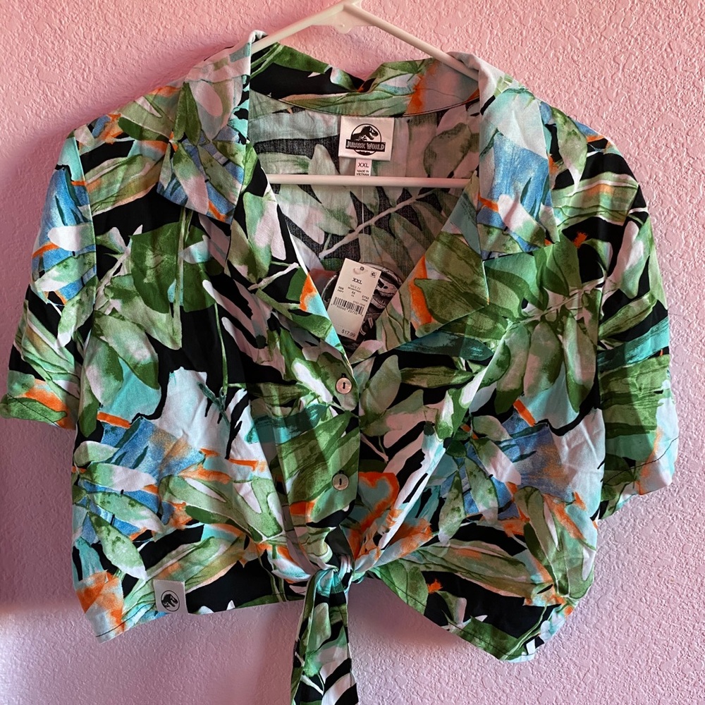 Tropical print tie front crop top